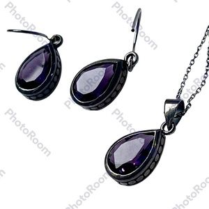 925 Sterling Silver vintage Amethyst pendant necklace and earrings suite in euc
